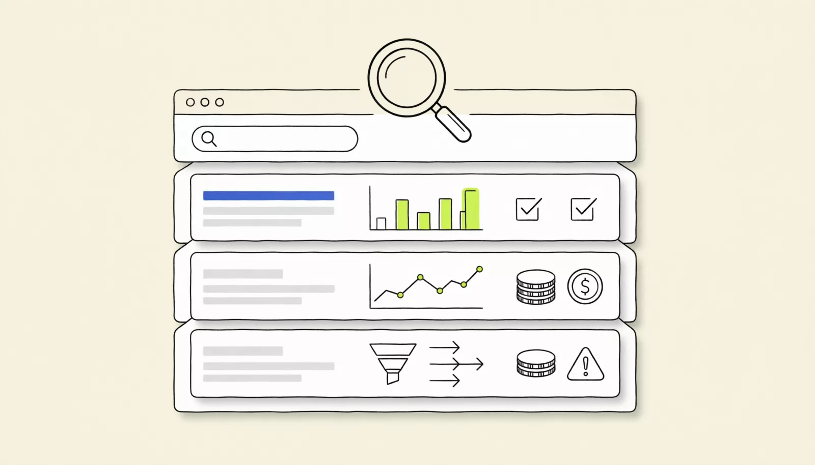 Четыре горизонтальных слоя аккаунта Google Ads, каждый под увеличительным стеклом